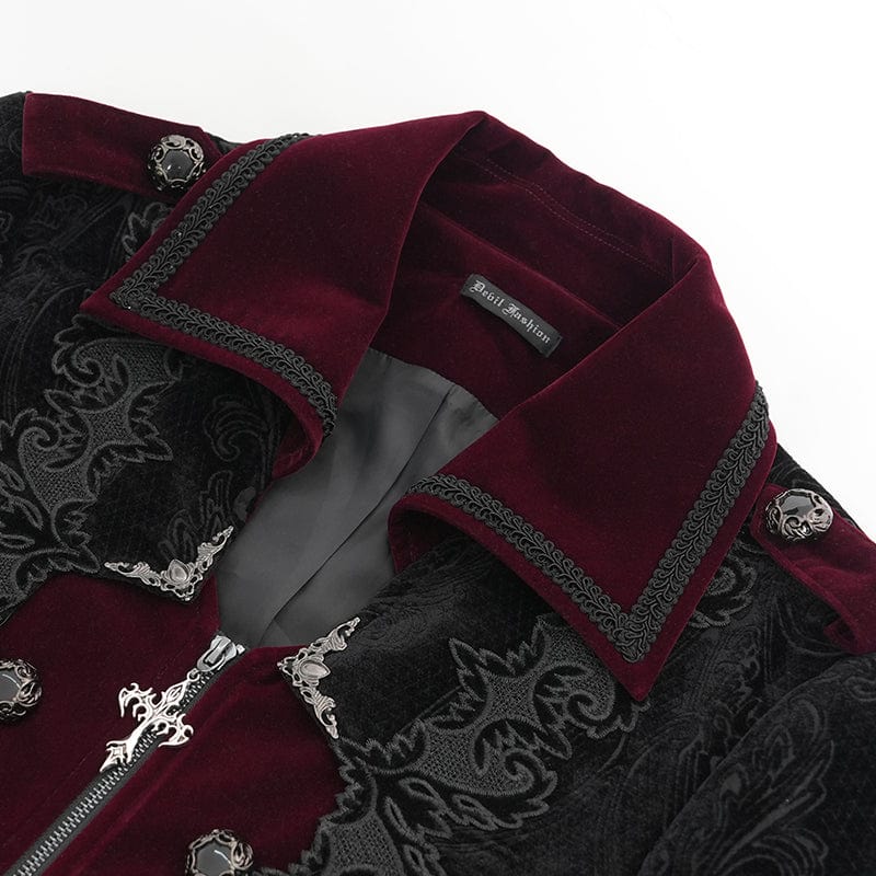 Men's Gothic Lapel Collar Embroidered Velvet Coat Red - Image 9