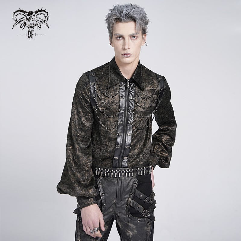 Men's Gothic Puff Sleeved Faux Leather Splice Shirt with Chain - Image 2