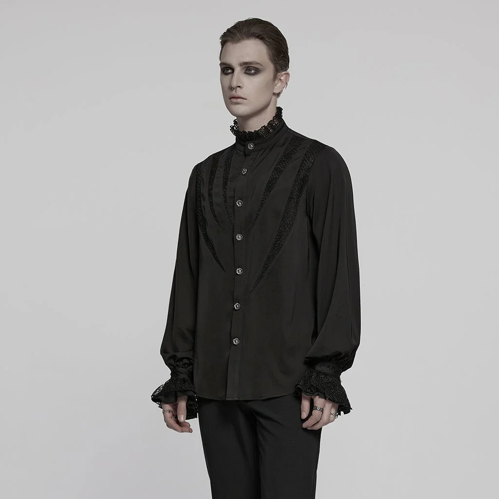 Men's Gothic Puff Sleeved Lace Splice Chiffon Shirt Black - Image 2