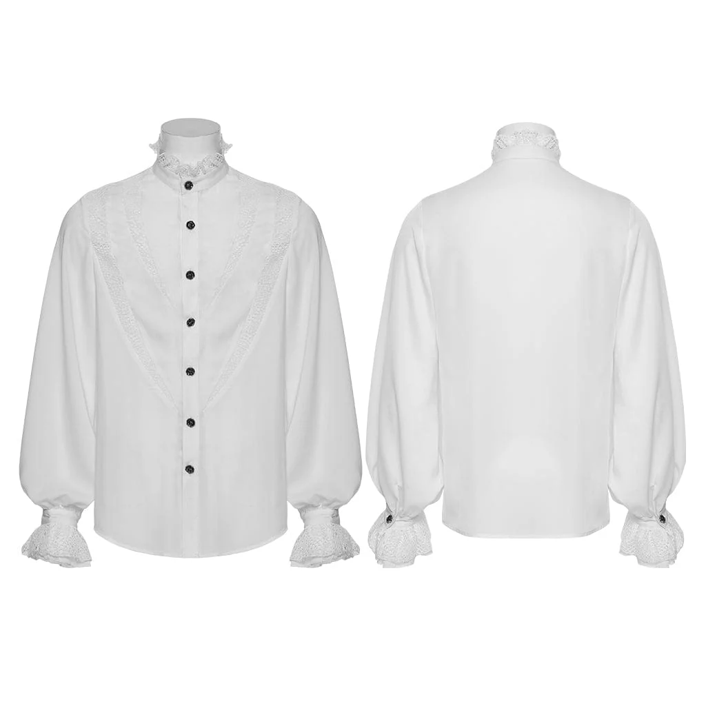 Men's Gothic Puff Sleeved Lace Splice Chiffon Shirt White - Image 5