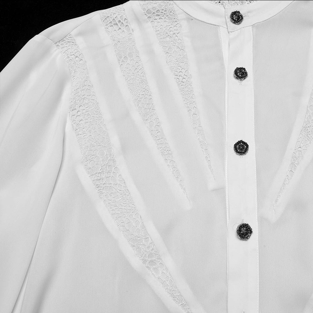 Men's Gothic Puff Sleeved Lace Splice Chiffon Shirt White - Image 7