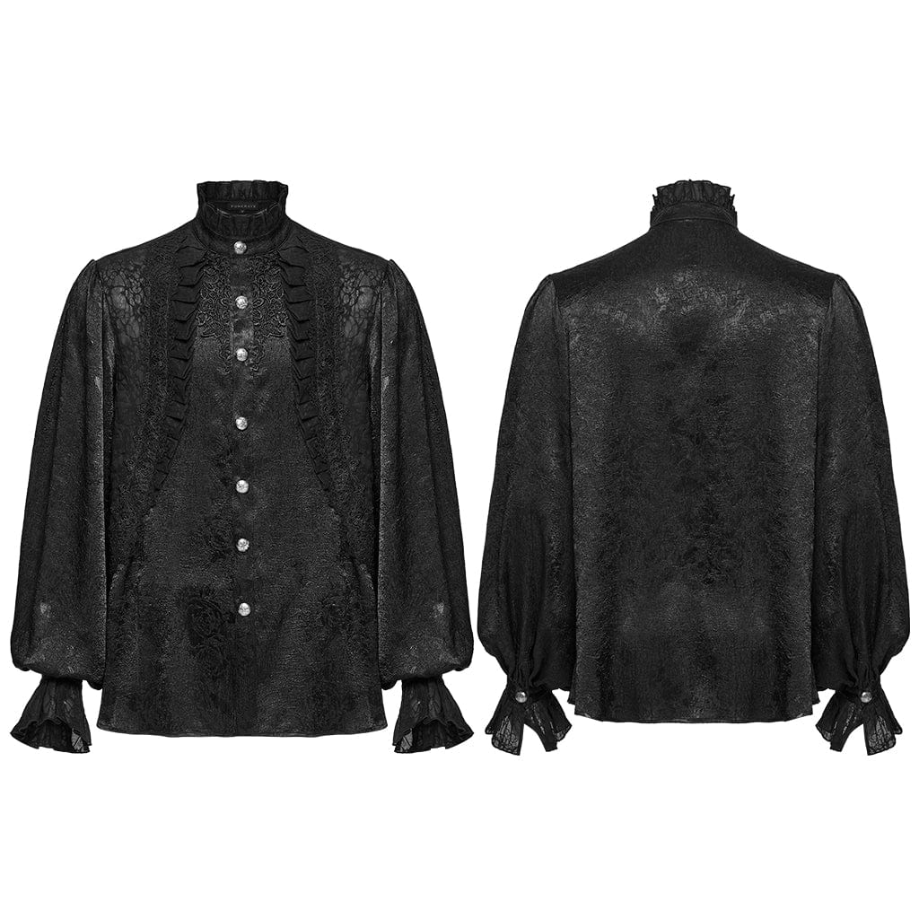 Men's Gothic Puff Sleeved Rose Ruffled Shirt Black - Image 5