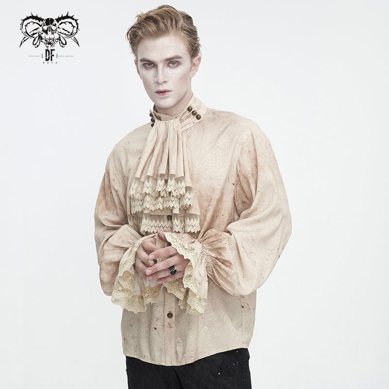 Men's Gothic Puff Sleeved Stand Collar Distressed Shirt with Necktie - Image 2