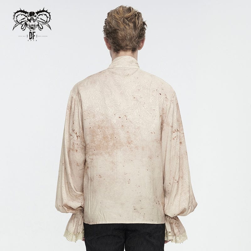 Men's Gothic Puff Sleeved Stand Collar Distressed Shirt with Necktie - Image 5