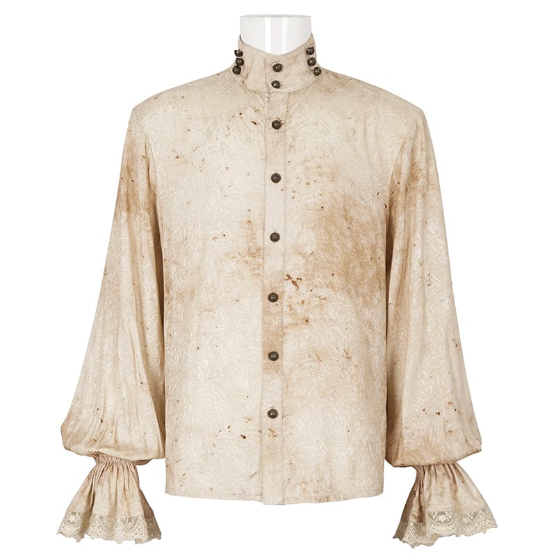 Men's Gothic Puff Sleeved Stand Collar Distressed Shirt with Necktie - Image 8