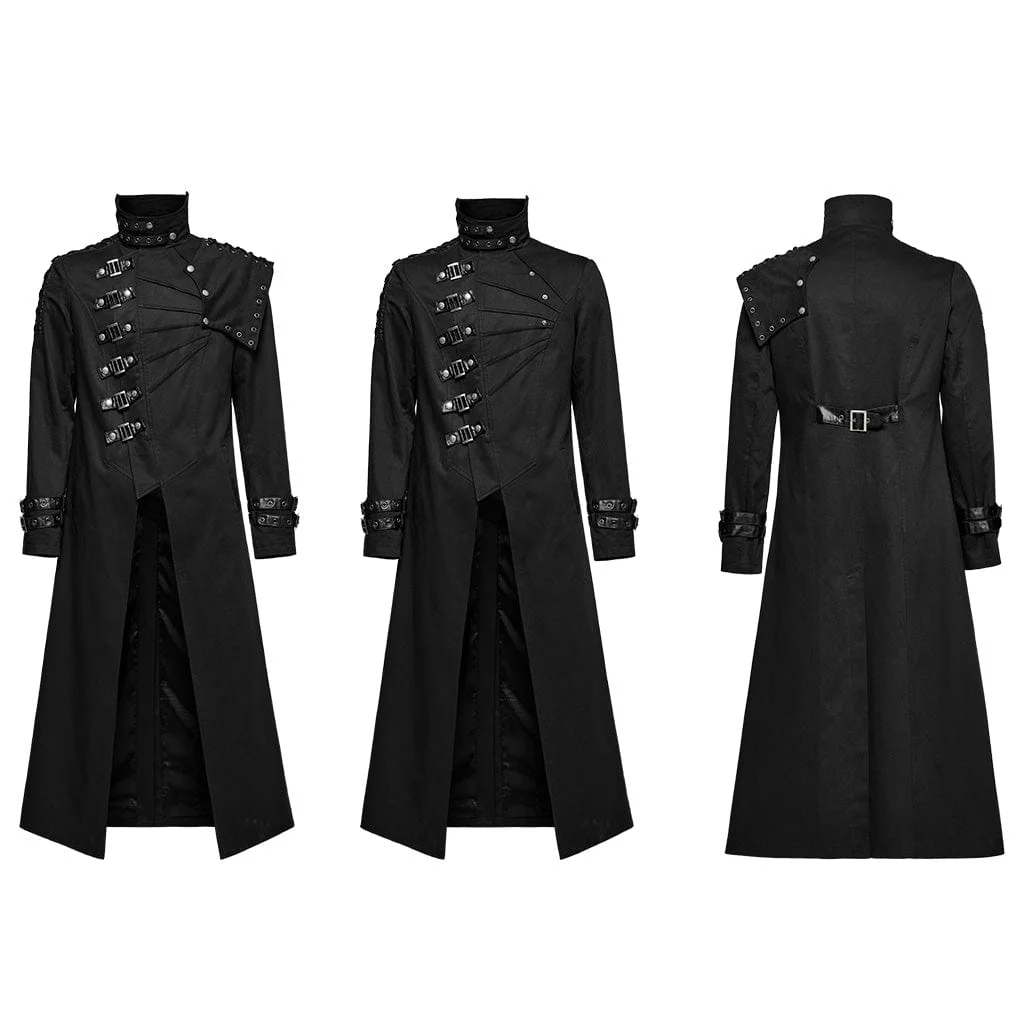 Men's Gothic Punk Multi-buckles Coat with Detached Shoulder Pad - Image 5