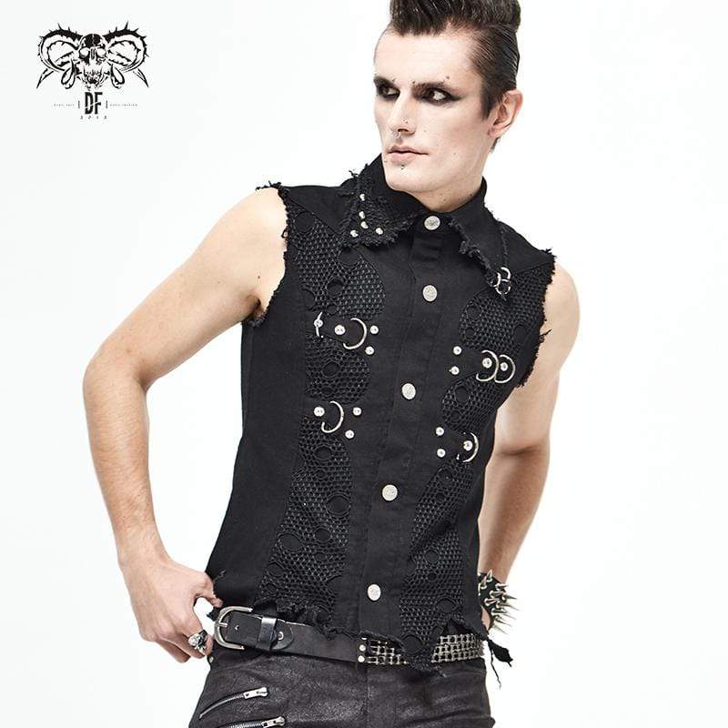 Men's Gothic Punk Ripped Turndown Collar Black Shirt with Irregular Hem - Image 3