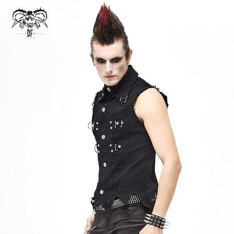 Men's Gothic Punk Ripped Turndown Collar Black Shirt with Irregular Hem - Image 4