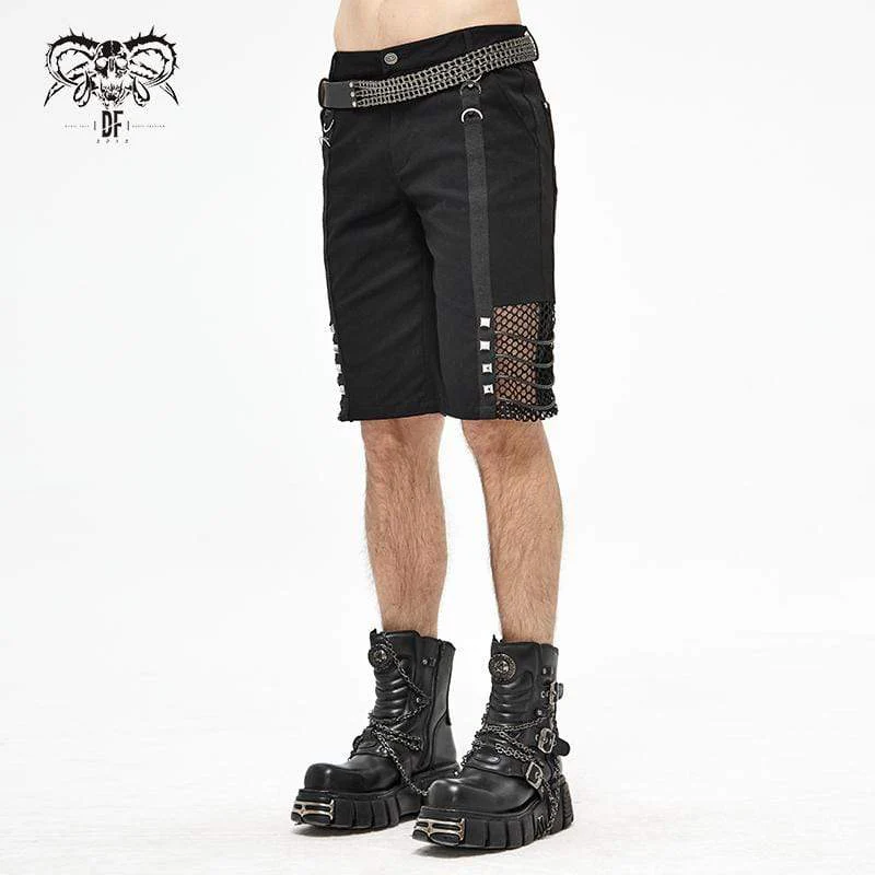 Men's Gothic Punk Rivets Mesh Black Shorts - Image 2