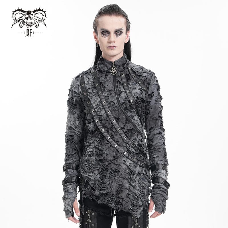 Men's Gothic Ripped Eyelets Strap Sweatershirt