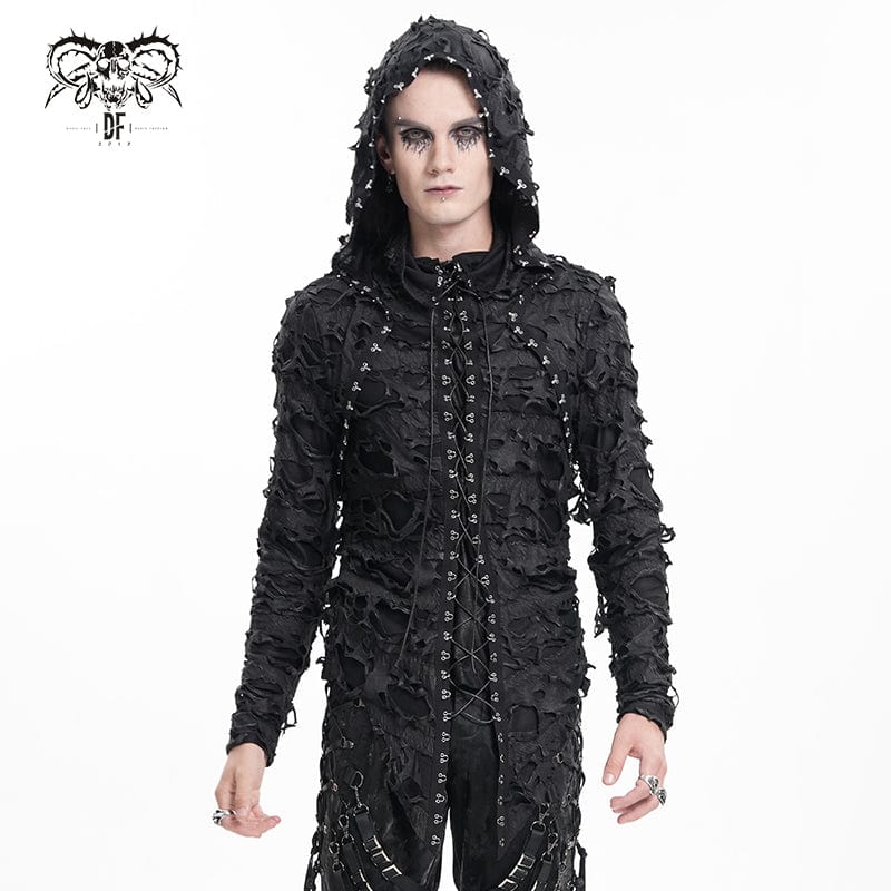 Men's Gothic Ripped Lace-up Studs Hoodies