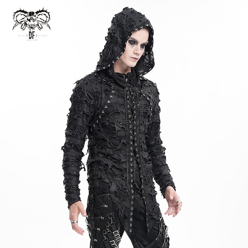 Men's Gothic Ripped Lace-up Studs Hoodies - Image 3