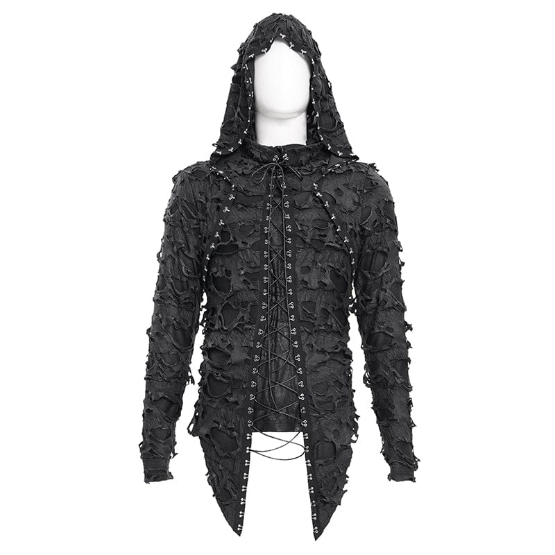 Men's Gothic Ripped Lace-up Studs Hoodies - Image 6