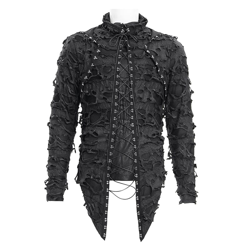 Men's Gothic Ripped Lace-up Studs Hoodies - Image 7