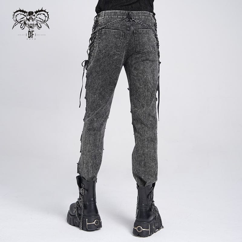 Men's Gothic Ripped Studded Pants with Chain - Image 4