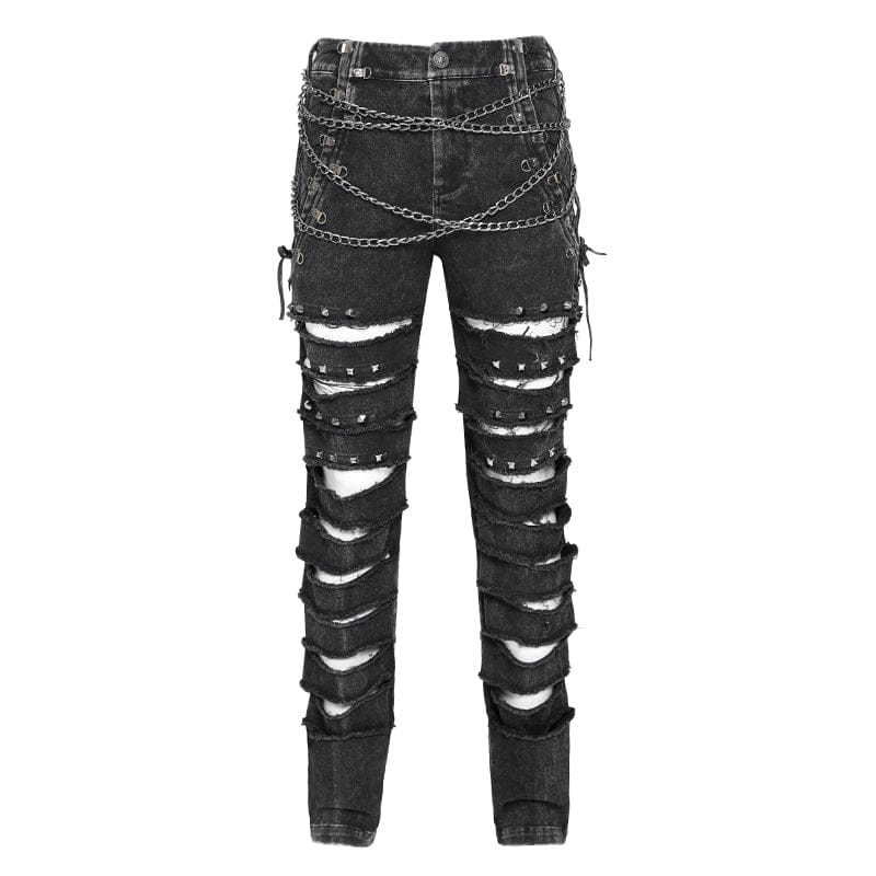 Men's Gothic Ripped Studded Pants with Chain - Image 7