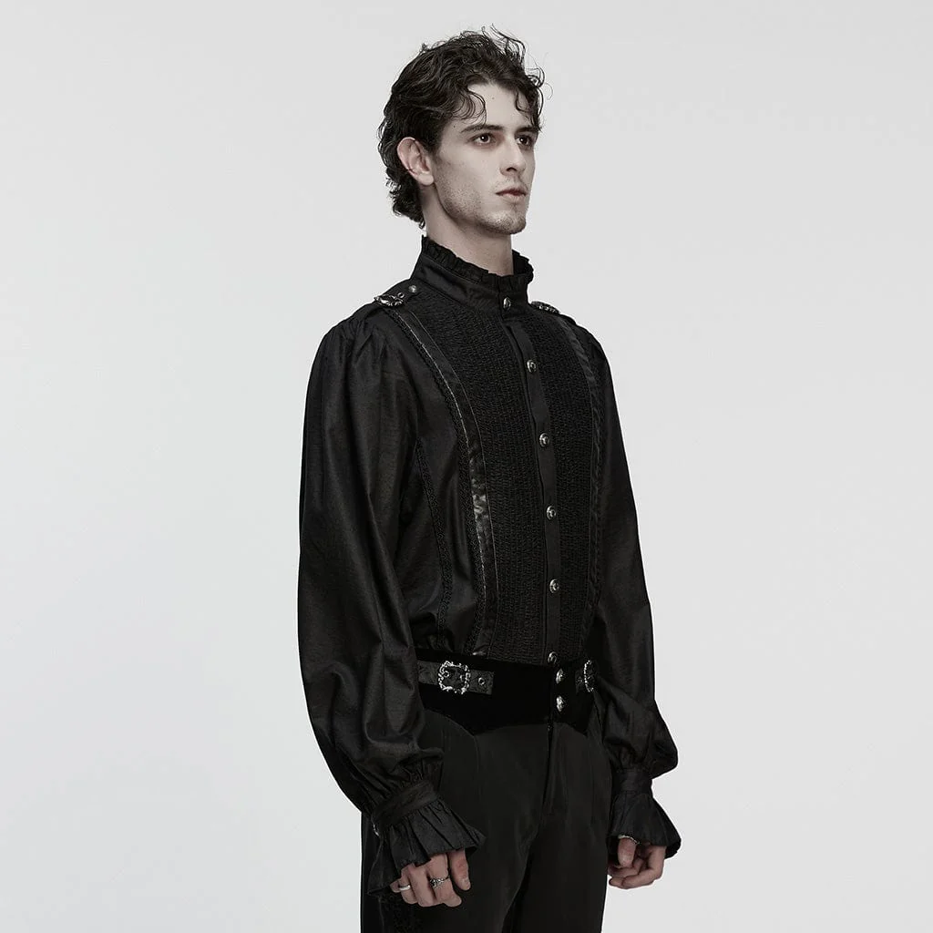 Men's Gothic Ruched Stand Collar Puff Sleeved Shirt - Image 2