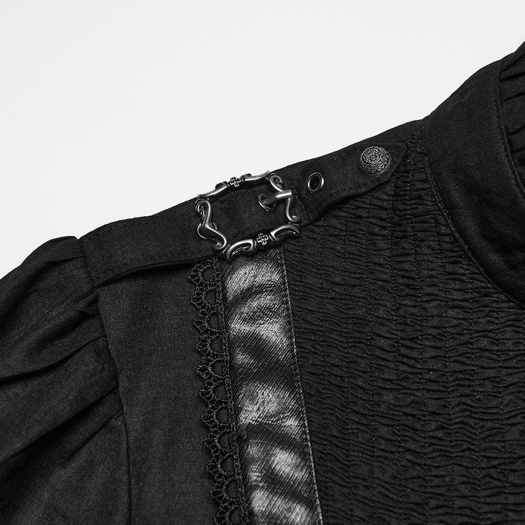 Men's Gothic Ruched Stand Collar Puff Sleeved Shirt - Image 6