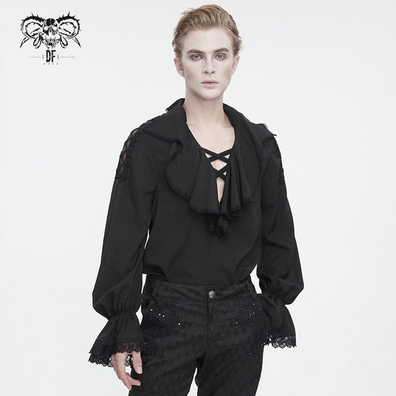 Men's Gothic Ruffled Collar Puff Sleeved Shirt Black - Image 2