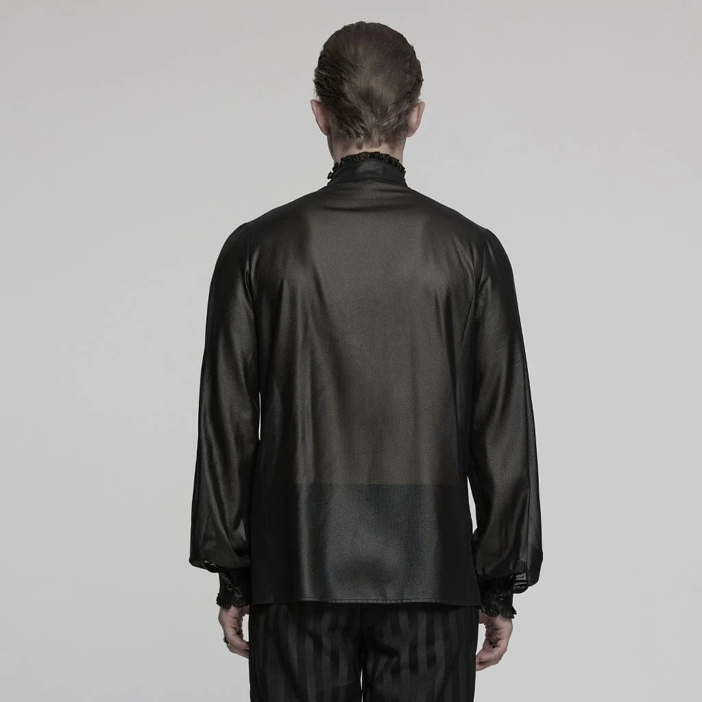 Men's Gothic Ruffled Stand Collar Embroidered Sheer Shirt Black - Image 3
