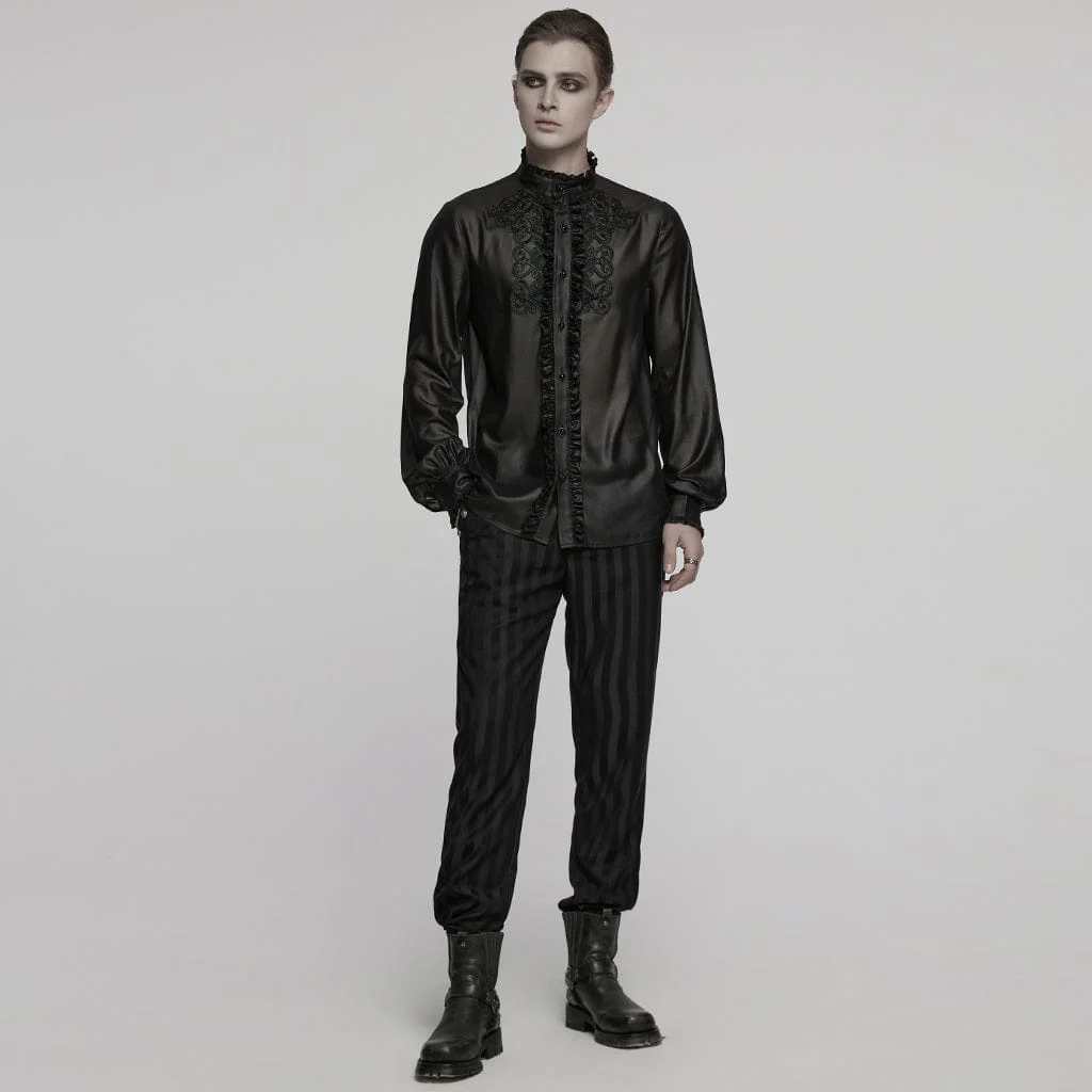 Men's Gothic Ruffled Stand Collar Embroidered Sheer Shirt Black - Image 4