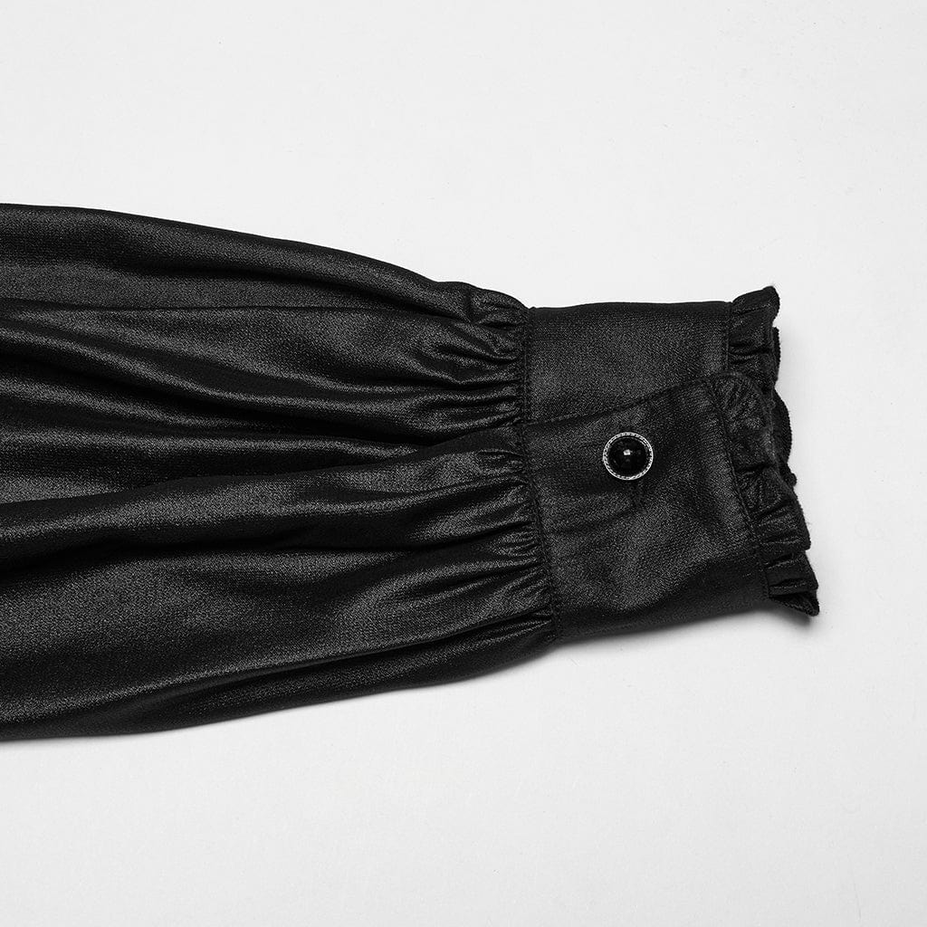 Men's Gothic Ruffled Stand Collar Embroidered Sheer Shirt Black - Image 8