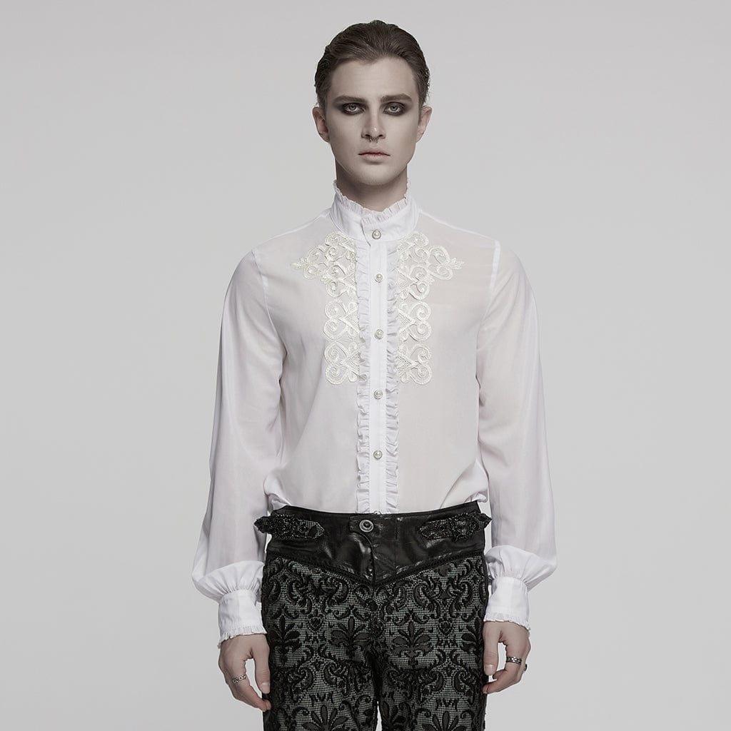 Men's Gothic Ruffled Stand Collar Embroidered Sheer Shirt White