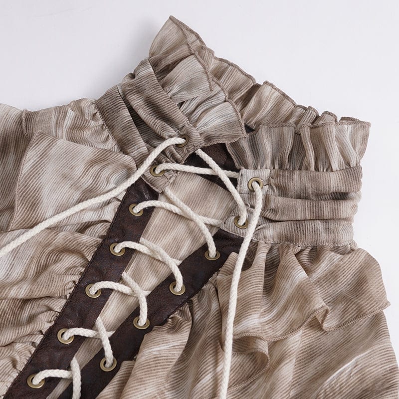 Men's Gothic Ruffled Stand Collar Lace-up Coffee Shirt - Image 10