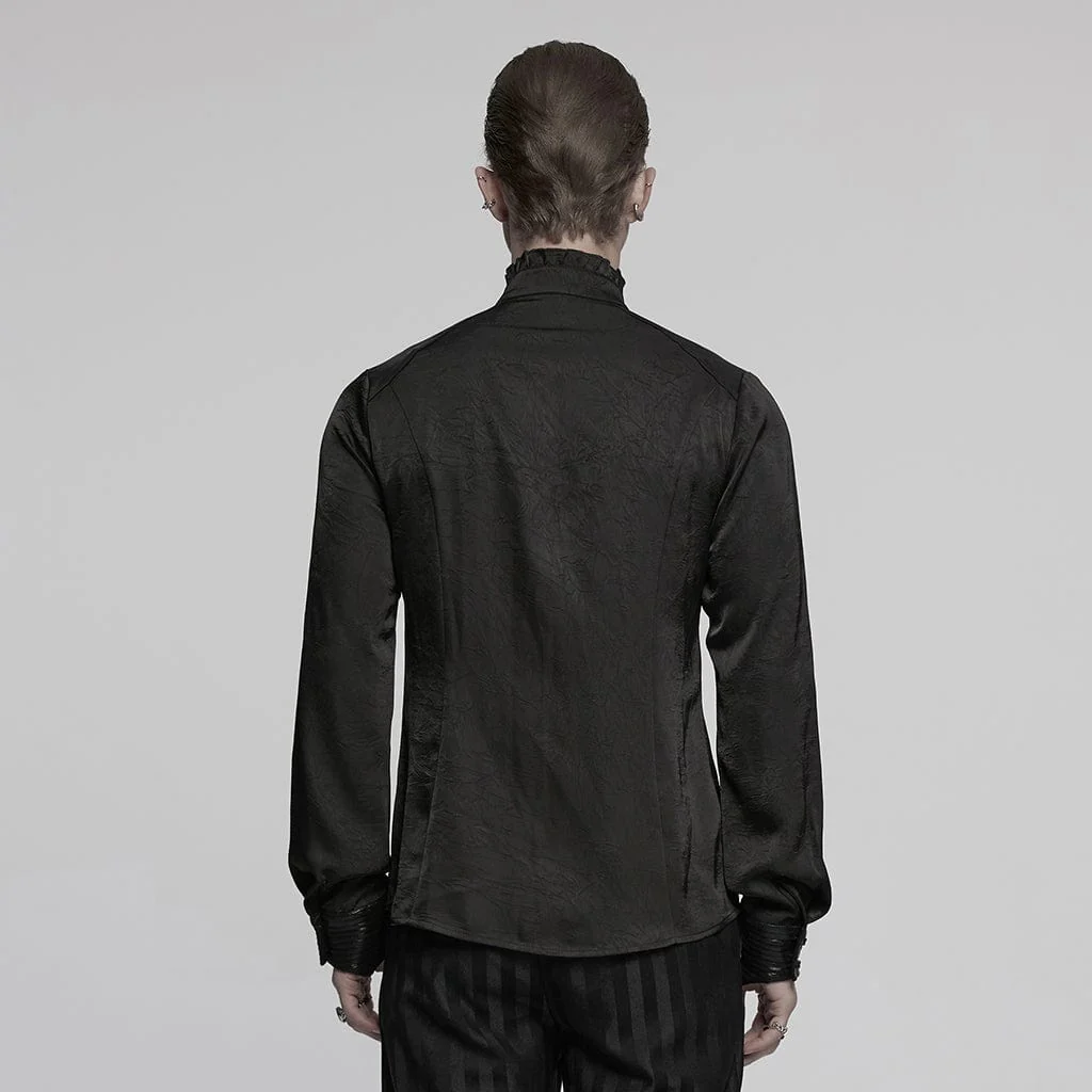 Men's Gothic Ruffled Stand Collar Pleated Shirt Black - Image 3