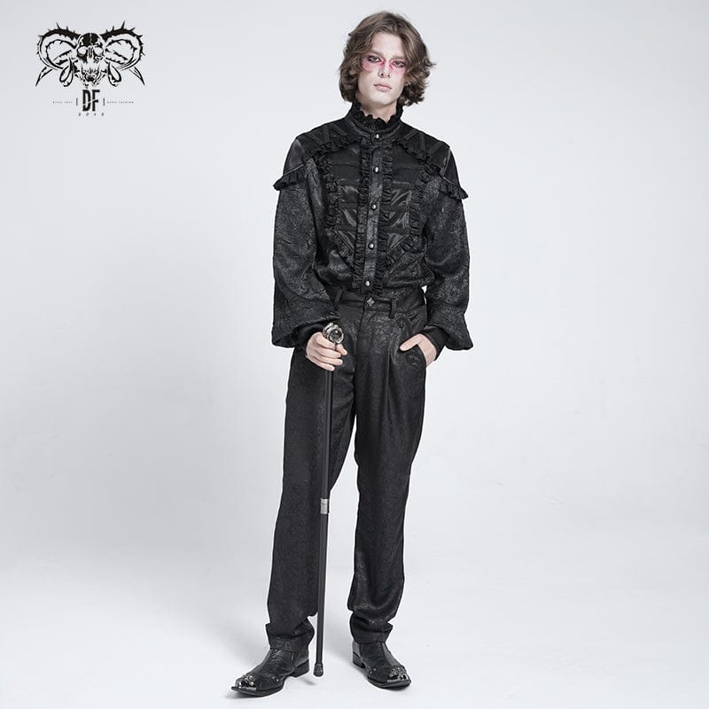 Men's Gothic Ruffled Stand Collar Puff Sleeved Shirt Black - Image 5