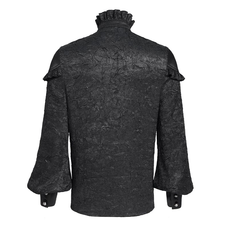Men's Gothic Ruffled Stand Collar Puff Sleeved Shirt Black - Image 9