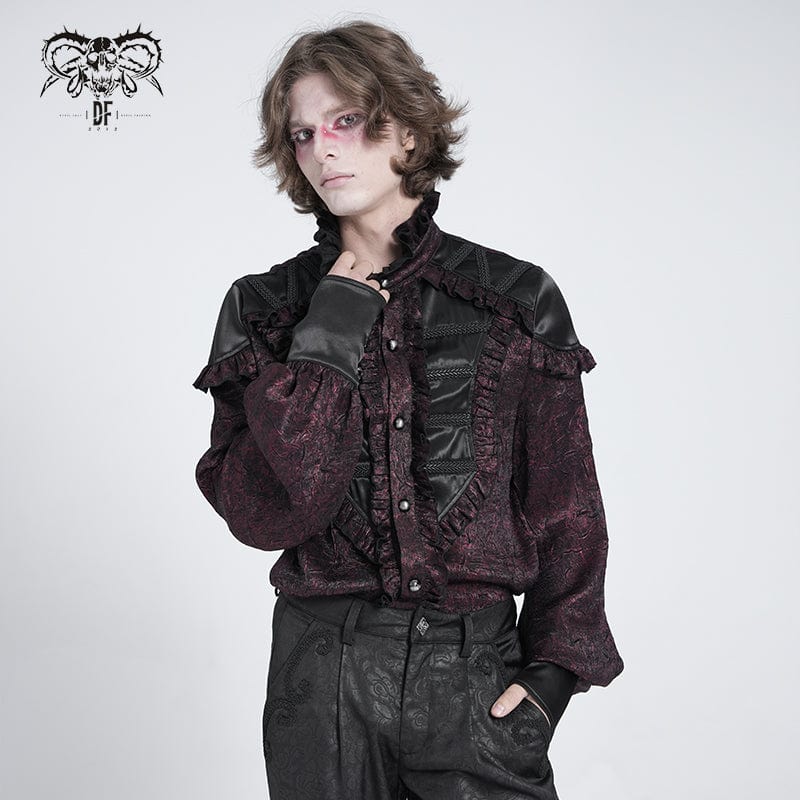 Men's Gothic Ruffled Stand Collar Puff Sleeved Shirt Red - Image 2