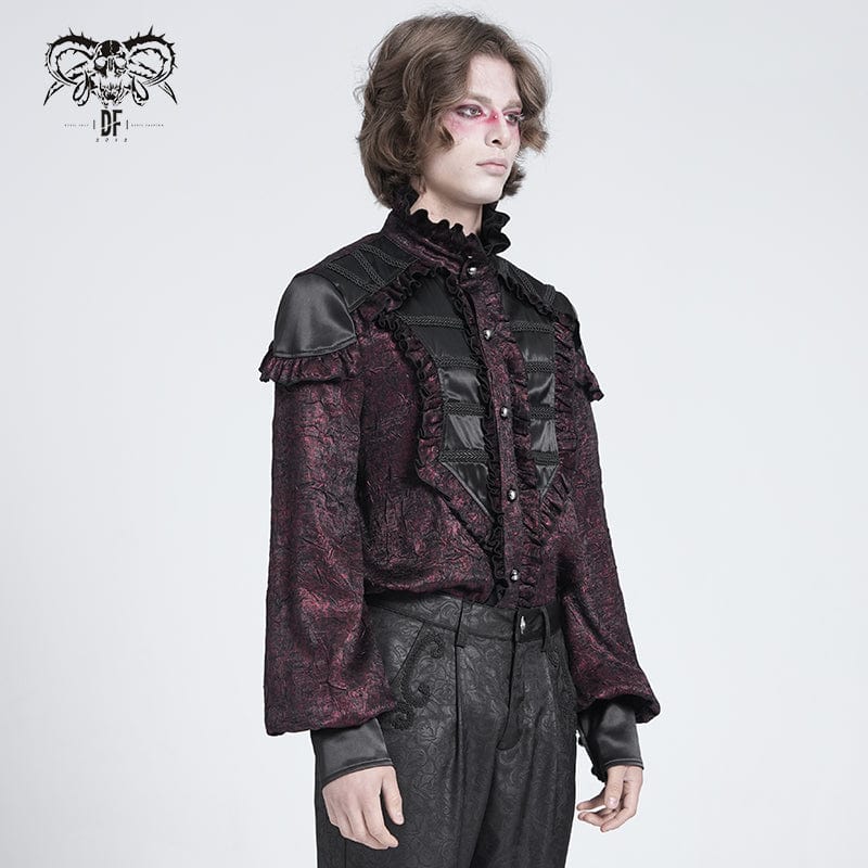 Men's Gothic Ruffled Stand Collar Puff Sleeved Shirt Red - Image 3