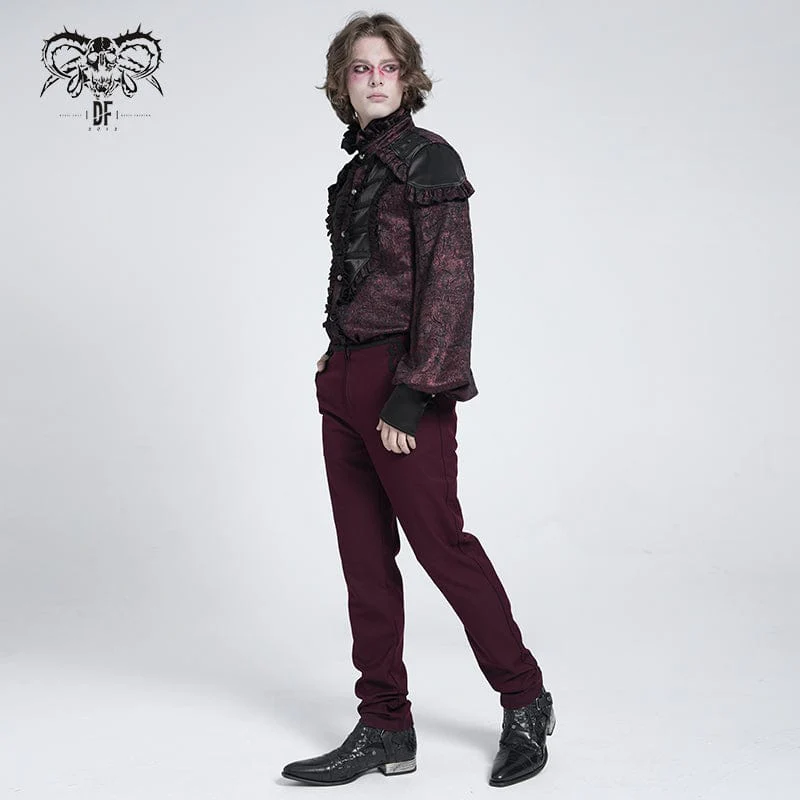 Men's Gothic Ruffled Stand Collar Puff Sleeved Shirt Red - Image 6