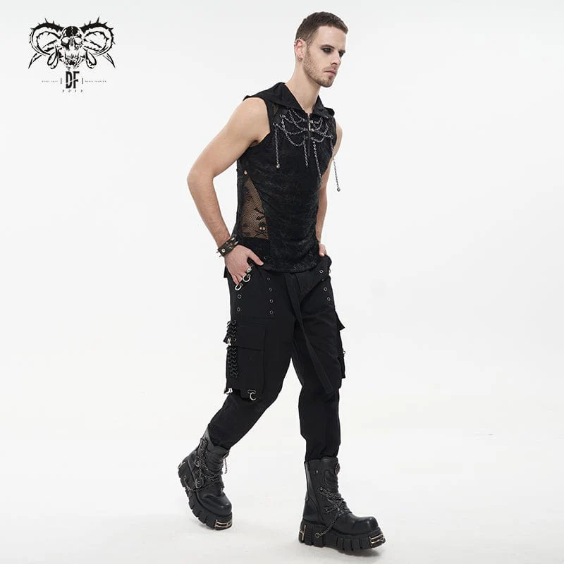 Men's Gothic Skull Mesh Splice Chain Tank Top with Hood - Image 5