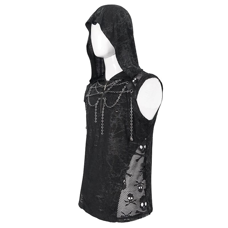 Men's Gothic Skull Mesh Splice Chain Tank Top with Hood - Image 8
