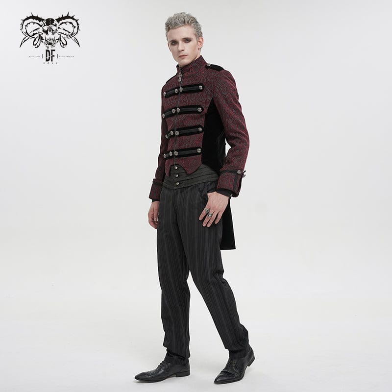 Men's Gothic Stand Collar Embossed Swallow-tailed Coat Red - Image 3