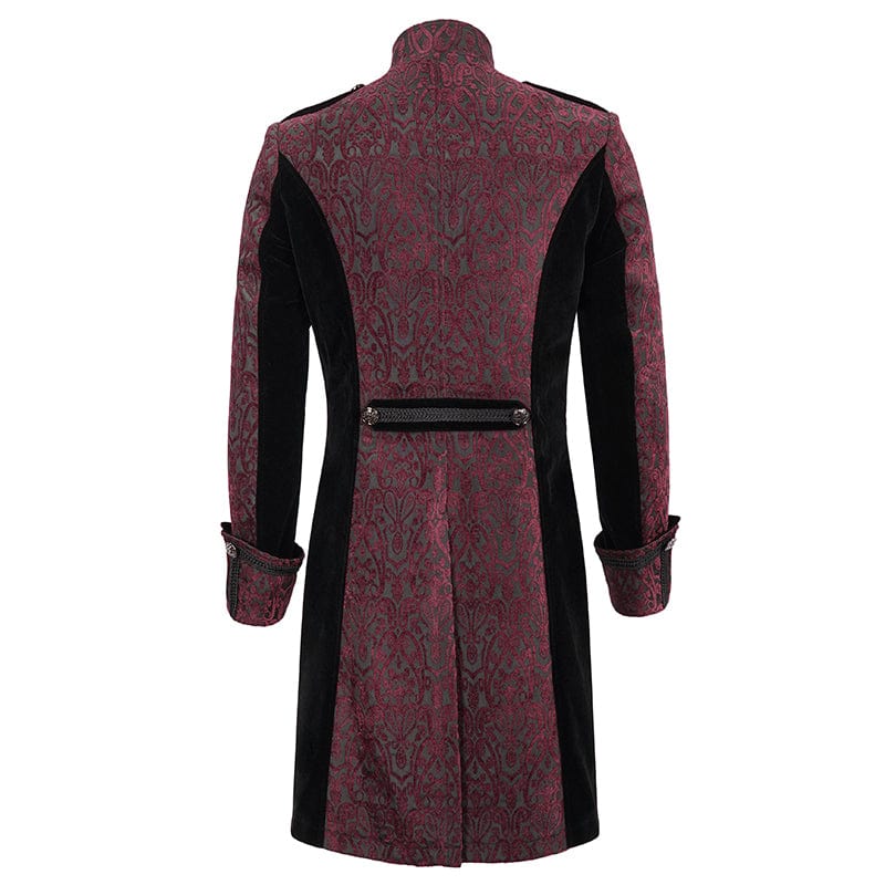 Men's Gothic Stand Collar Embossed Swallow-tailed Coat Red - Image 7