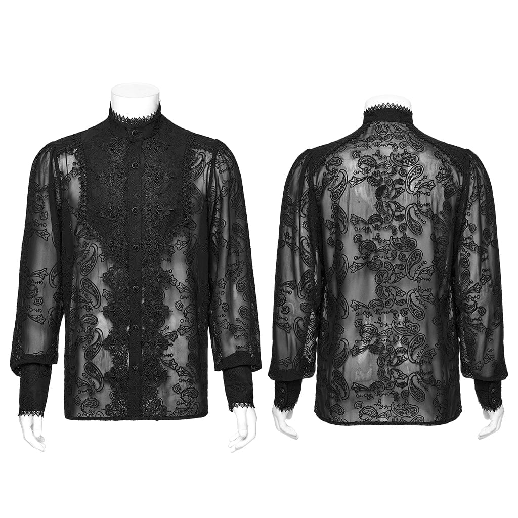 Men's Gothic Stand Collar Embroidered Sheer Chiffon Shirt Black - Image 5