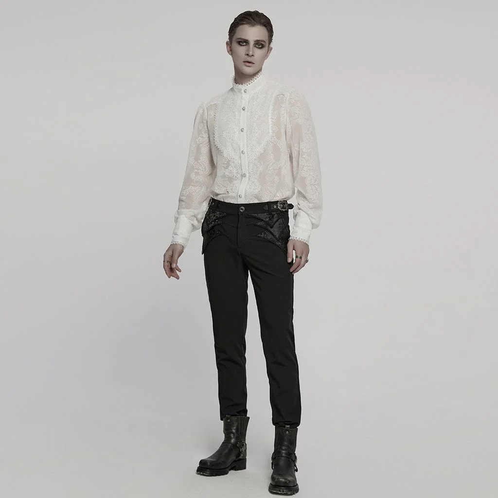 Men's Gothic Stand Collar Embroidered Sheer Chiffon Shirt White - Image 4