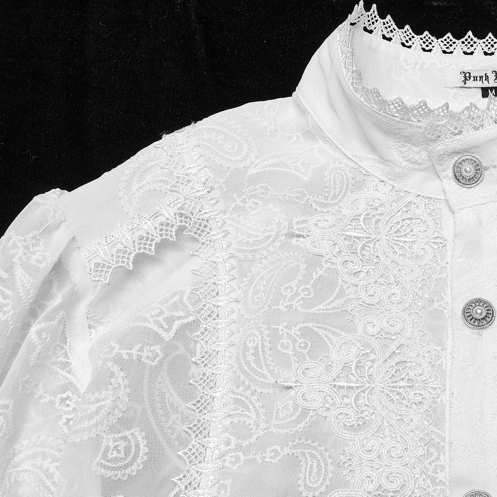 Men's Gothic Stand Collar Embroidered Sheer Chiffon Shirt White - Image 7