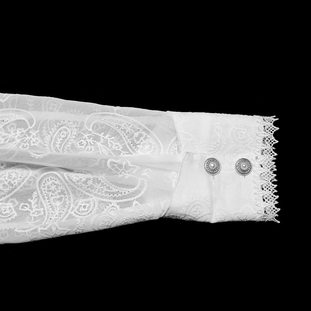 Men's Gothic Stand Collar Embroidered Sheer Chiffon Shirt White - Image 8