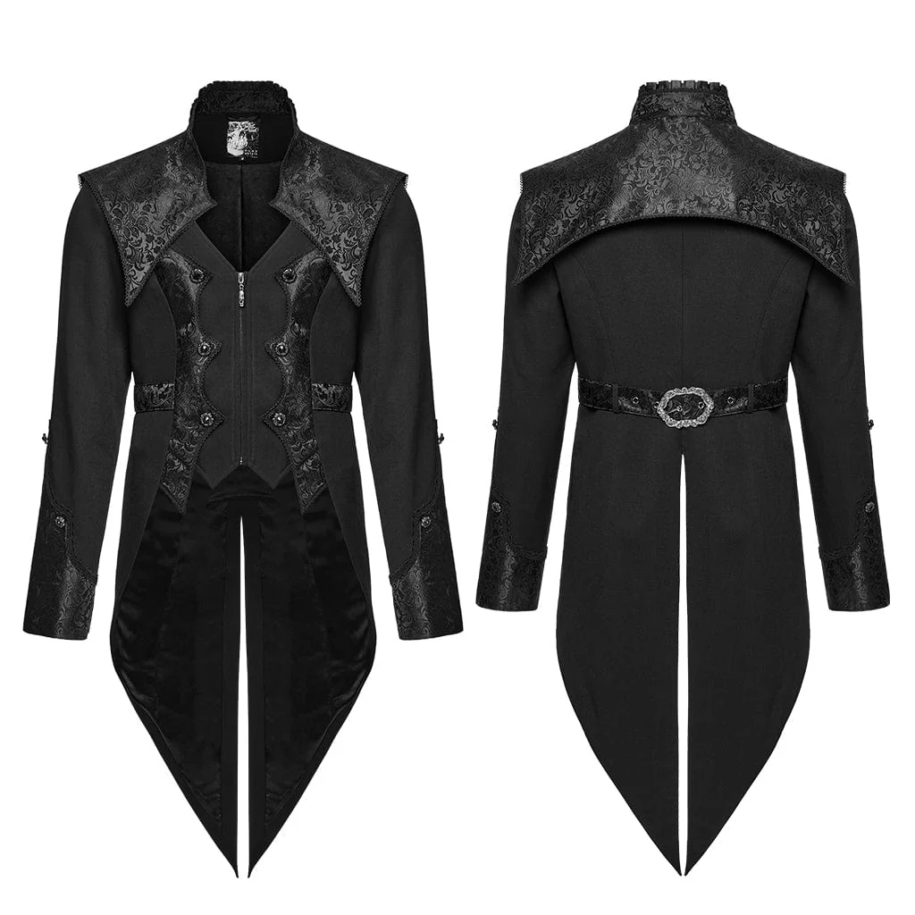 Men's Gothic Stand Collar Jacquard Splice Swallow-tailed Coat - Image 5