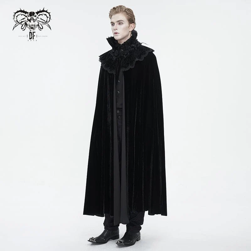 Men's Gothic Stand Collar Lace Splice Velvet Cloak - Image 4
