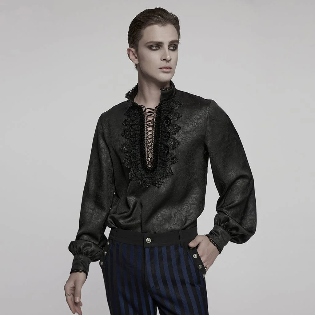 Men's Gothic Stand Collar Plunging Rose Shirt Black