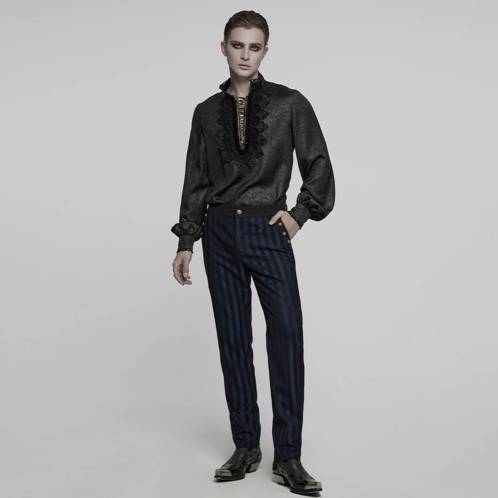 Men's Gothic Stand Collar Plunging Rose Shirt Black - Image 4