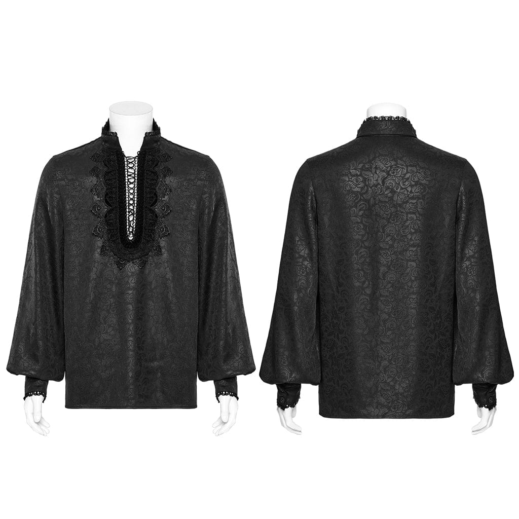 Men's Gothic Stand Collar Plunging Rose Shirt Black - Image 5