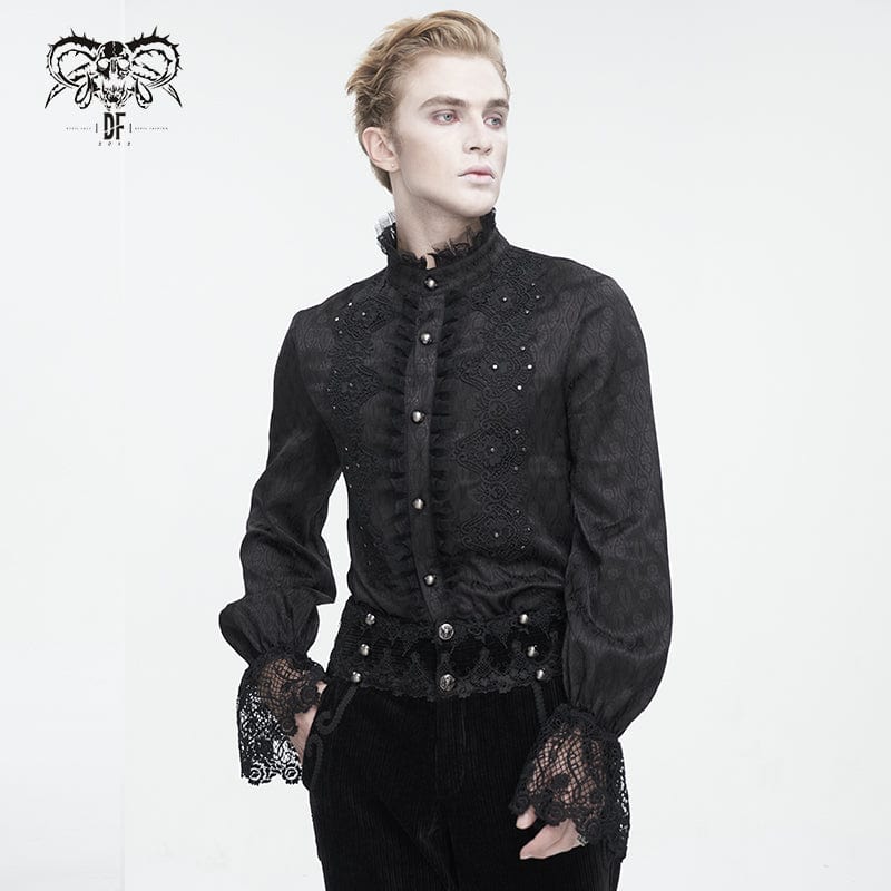 Men's Gothic Stand Collar Puff Sleeved Lace Splice Shirt - Image 2