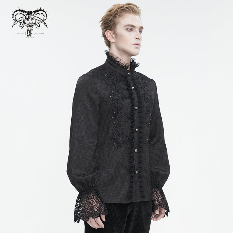 Men's Gothic Stand Collar Puff Sleeved Lace Splice Shirt - Image 3