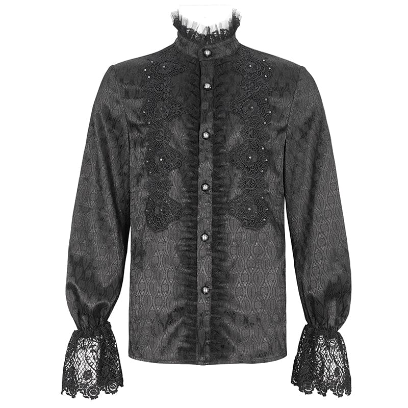 Men's Gothic Stand Collar Puff Sleeved Lace Splice Shirt - Image 7